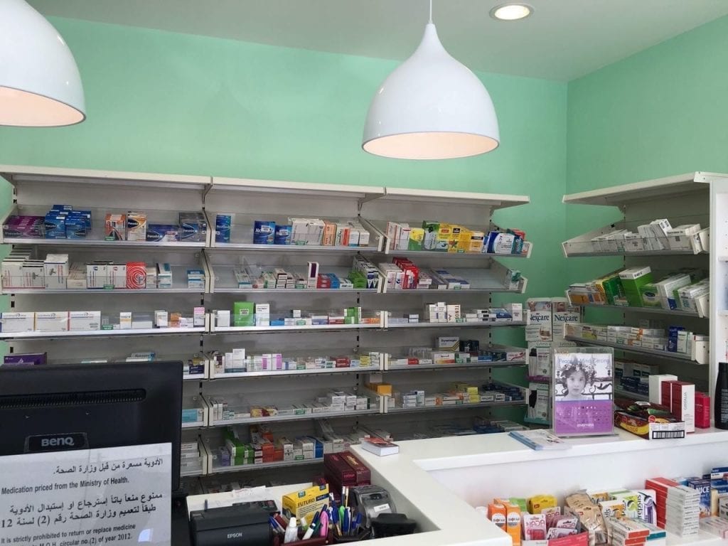 pharmacy shelves in shop